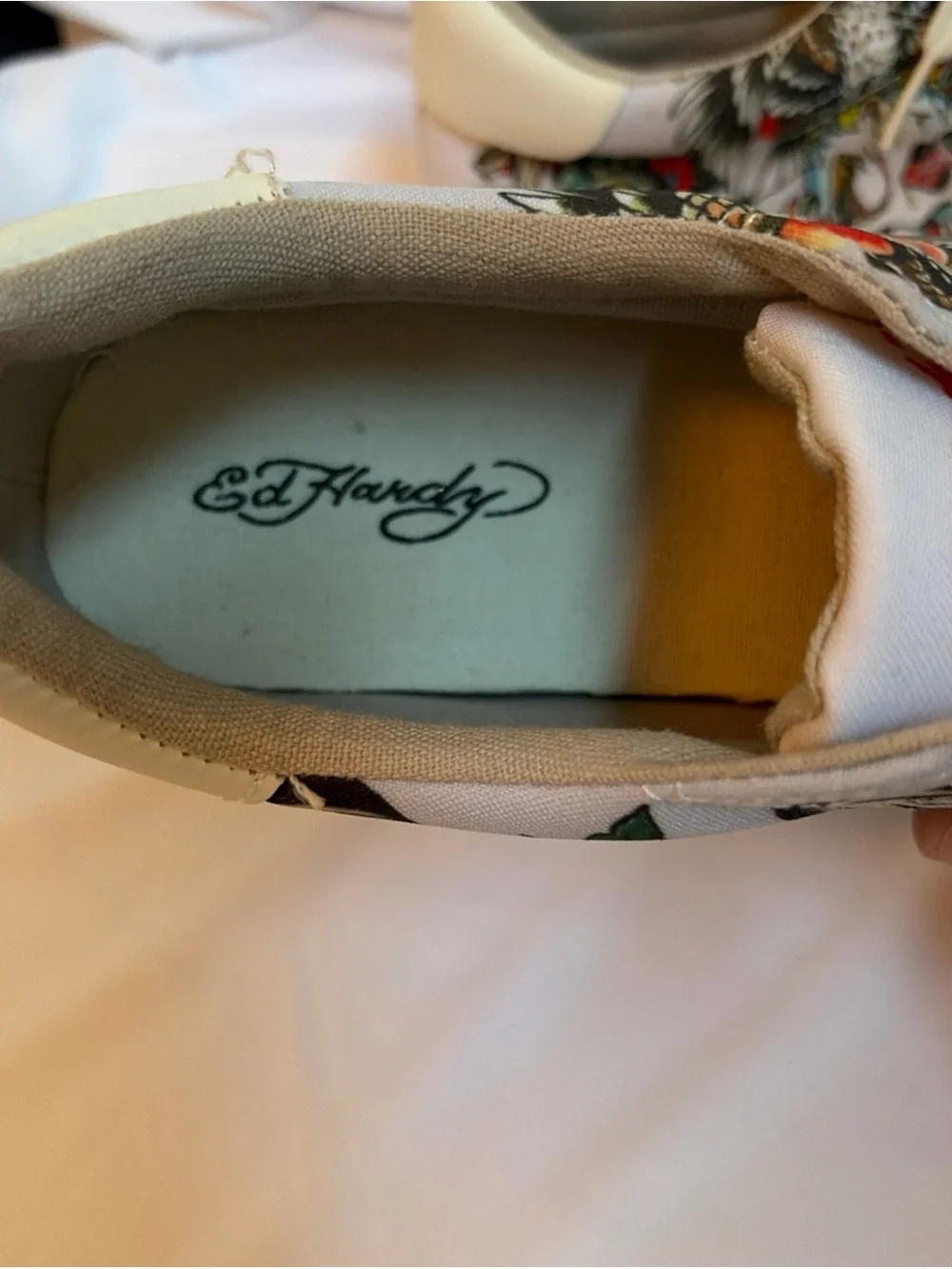 Ed Hardy Men’s Light Gray Canvas Sneakers with Red Logo